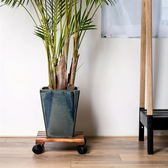 25x25cm Square Flower Pot Tray with Wheels Thickened Wooden Roller Base - 4