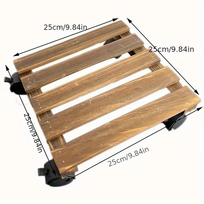 25x25cm Square Flower Pot Tray with Wheels Thickened Wooden Roller Base - 5