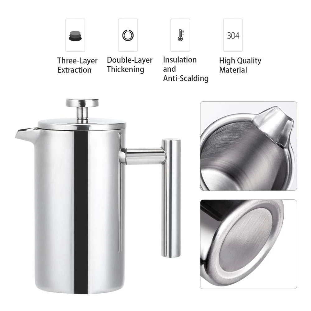 1000ml French Press Coffee Maker Stainless Steel Double Walled Insulated Coffee Pot (BPA Free, No FDA) - Steel Color - 2