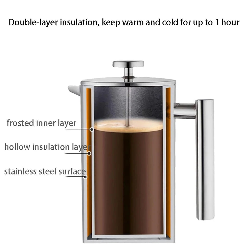 1000ml French Press Coffee Maker Stainless Steel Double Walled Insulated Coffee Pot (BPA Free, No FDA) - Steel Color - 5