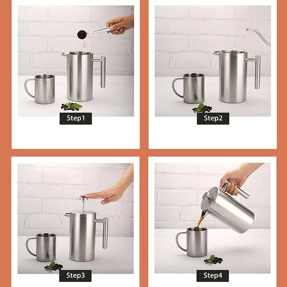 1000ml French Press Coffee Maker Stainless Steel Double Walled Insulated Coffee Pot (BPA Free, No FDA) - Steel Color - 6