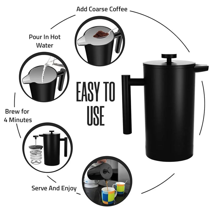 1000ml French Press Coffee Maker Stainless Steel Double Walled Insulated Coffee Pot (BPA Free, No FDA) - Black - 7
