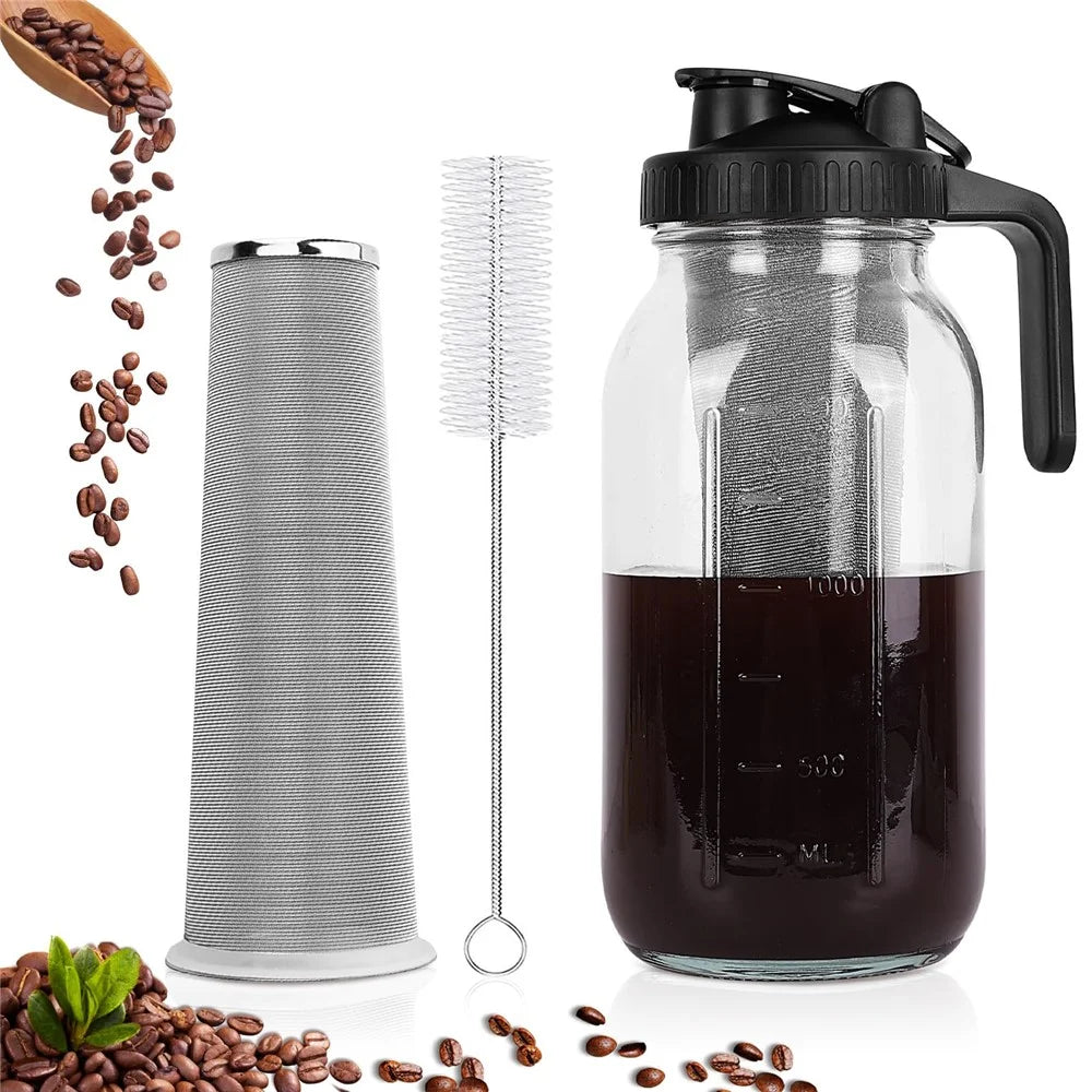 64oz Cold Brew Coffee Maker Soda-Lime Glass Wide Mouth Mason Jar with Filter (BPA Free, No FDA) - 1