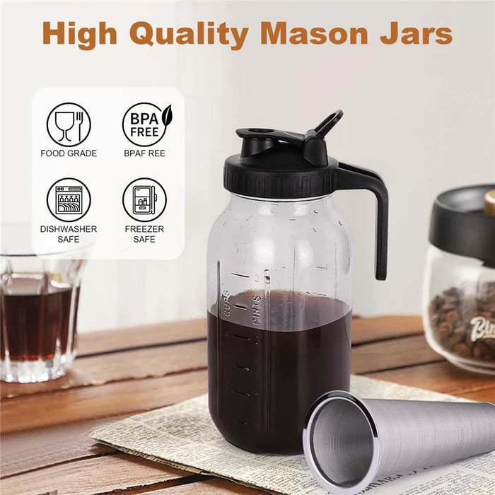64oz Cold Brew Coffee Maker Soda-Lime Glass Wide Mouth Mason Jar with Filter (BPA Free, No FDA) - 2