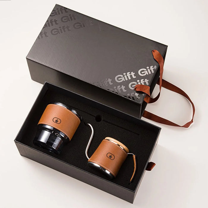 2Pcs Pour Over Coffee Set Drip Kettle and Glass Cup with Heat Resistant Sleeve for Home / Office Brewing (BPA Free, No FDA) - Brown - 1