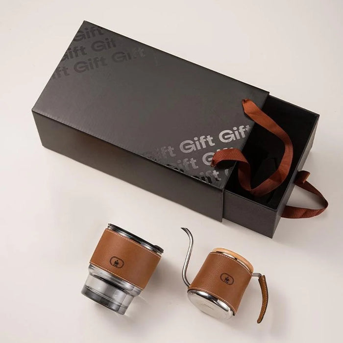 2Pcs Pour Over Coffee Set Drip Kettle and Glass Cup with Heat Resistant Sleeve for Home / Office Brewing (BPA Free, No FDA) - Brown - 2