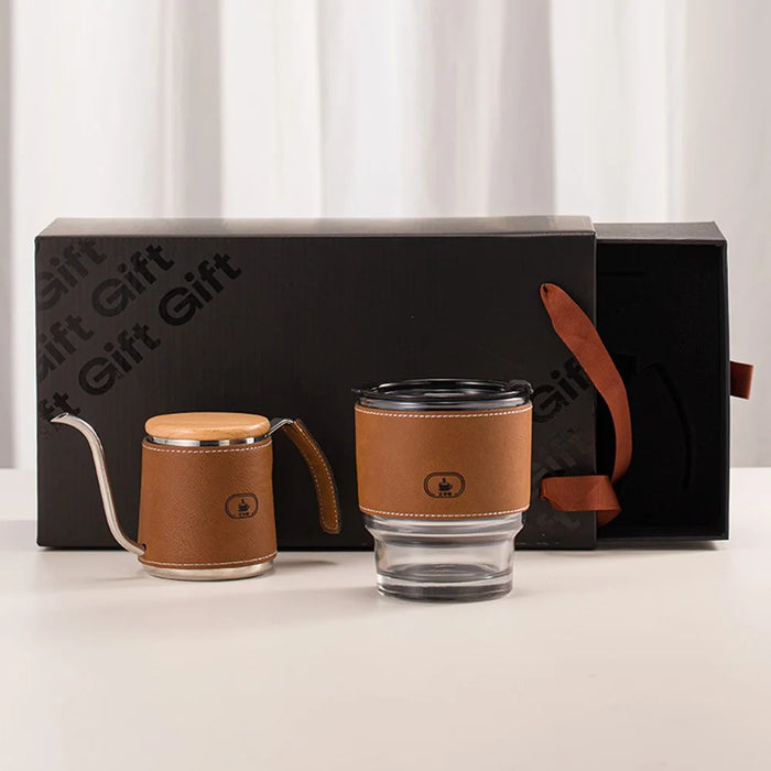 2Pcs Pour Over Coffee Set Drip Kettle and Glass Cup with Heat Resistant Sleeve for Home / Office Brewing (BPA Free, No FDA) - Brown - 3
