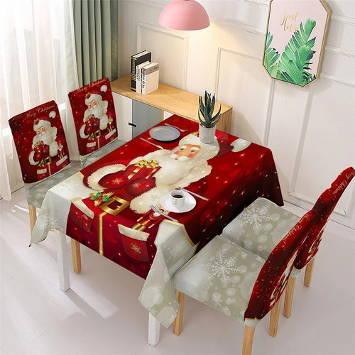 140x140cm Christmas Santa Claus Bell Printed Stain-resistant Tablecloth with 4 Chair Covers Kitchen Table Decoration - Santa Claus - 1
