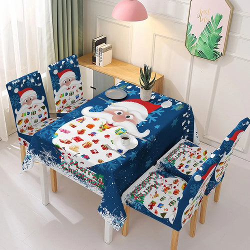 140x140cm Xmas Party Tablecloth Dining Table Cover with 4 Chair Covers Christmas Festival Decoration - Blue Santa - 1