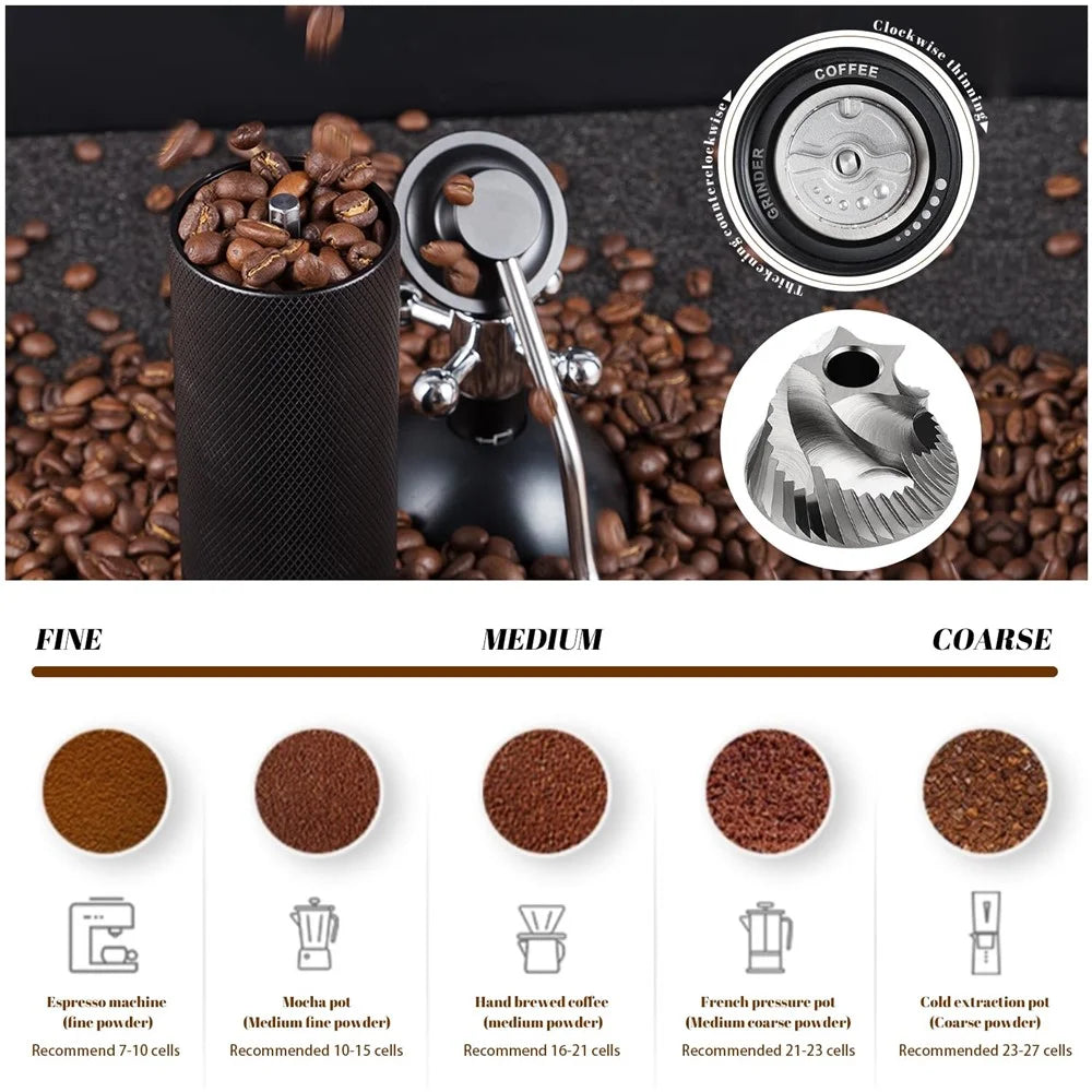 Manual Coffee Grinder 6 Blade Hand Crank Mill For Coffee Beans Adjustable Coarseness Stainless Steel Burr - Black - 2
