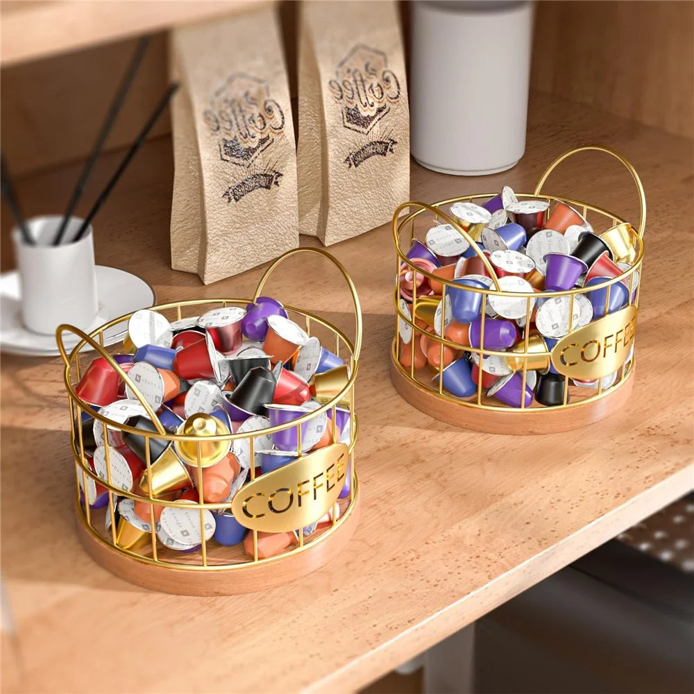 Coffee Pod Holder Organizer K Cup Storage Basket with Handles for Kitchen Office Coffee Bar - Gold - 7