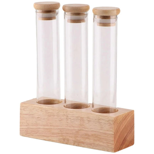 Wooden Base Coffee Bean Display Stand with 3 Clear Glass Tubes for Cafe Bar Counter Storage - 1