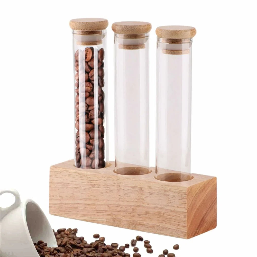Wooden Base Coffee Bean Display Stand with 3 Clear Glass Tubes for Cafe Bar Counter Storage - 2
