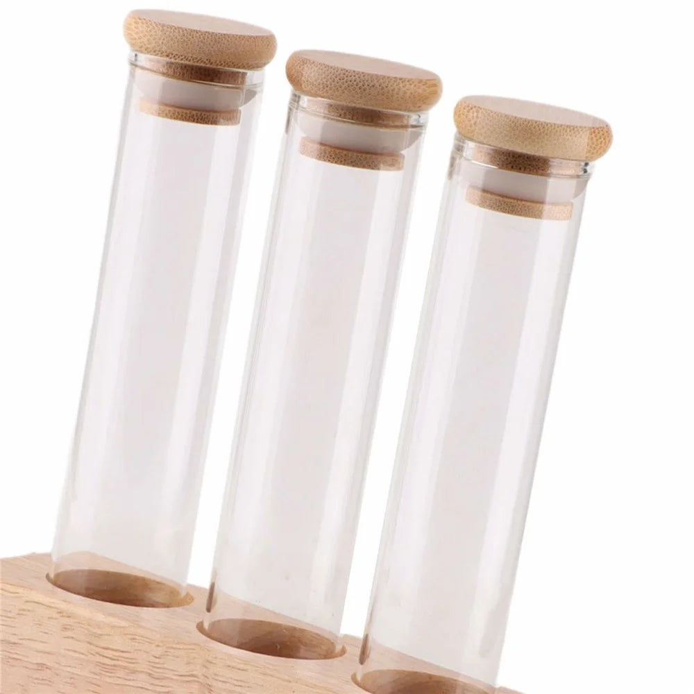 Wooden Base Coffee Bean Display Stand with 3 Clear Glass Tubes for Cafe Bar Counter Storage - 3