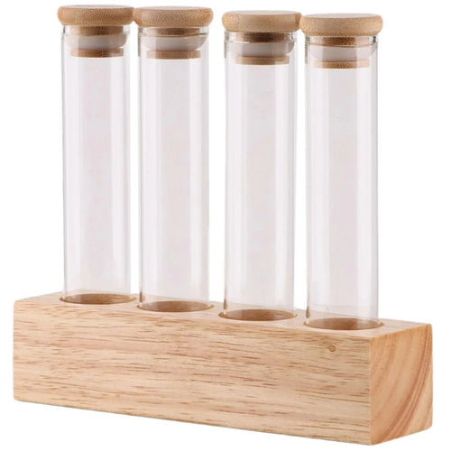 Wooden Base Coffee Bean Display Stand with 4 Clear Glass Tubes for Cafe Bar Counter Storage - 1