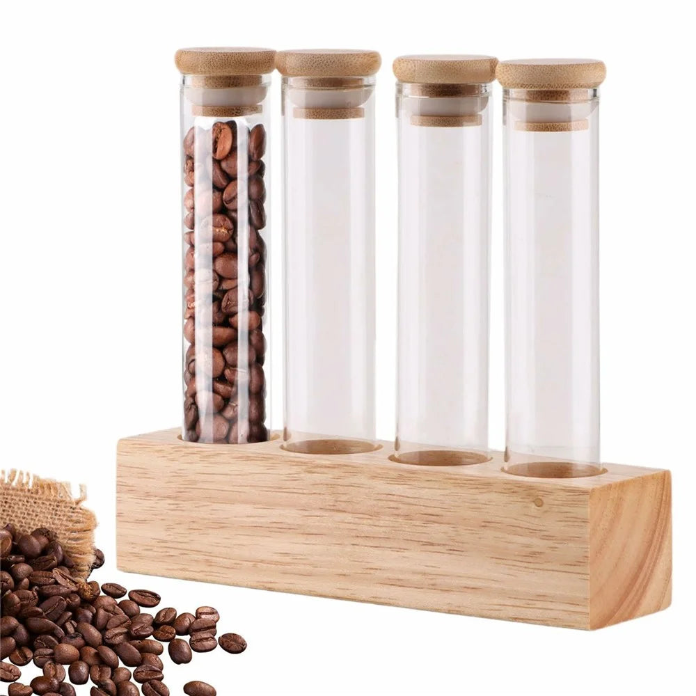 Wooden Base Coffee Bean Display Stand with 4 Clear Glass Tubes for Cafe Bar Counter Storage - 2