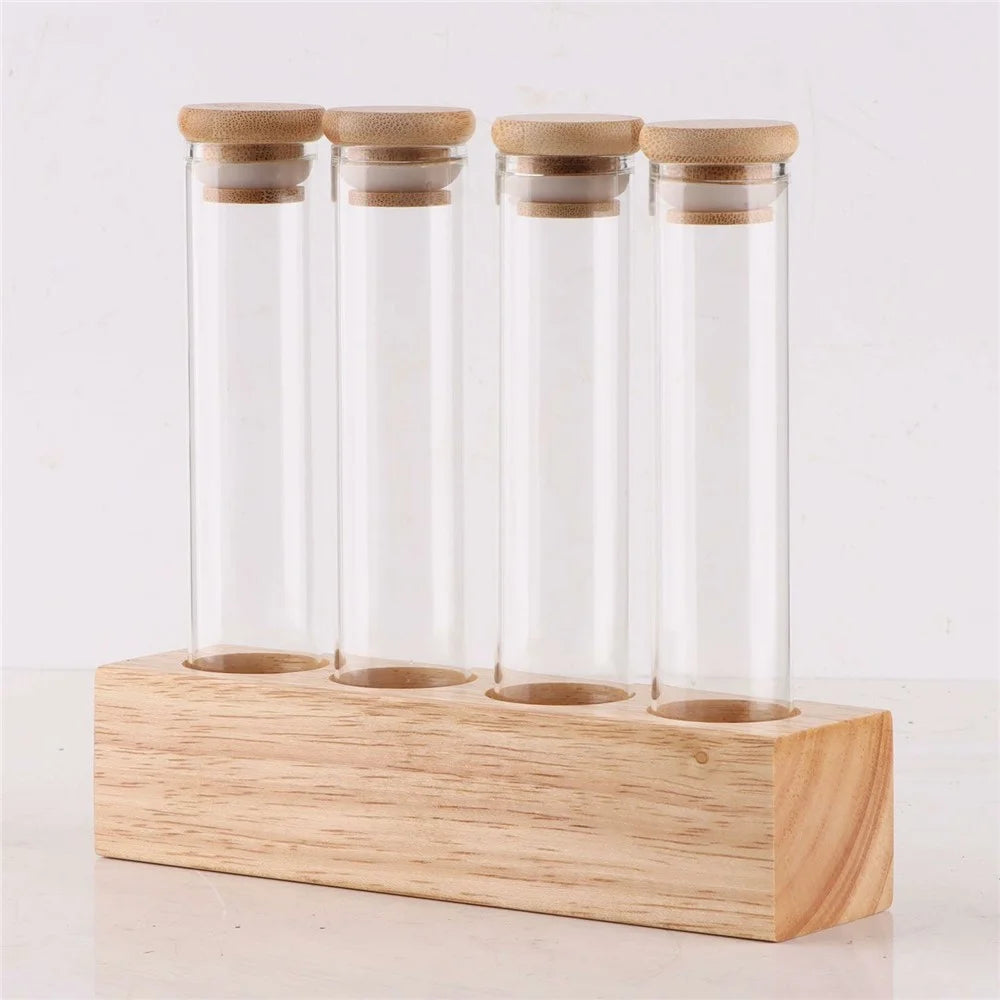 Wooden Base Coffee Bean Display Stand with 4 Clear Glass Tubes for Cafe Bar Counter Storage - 3