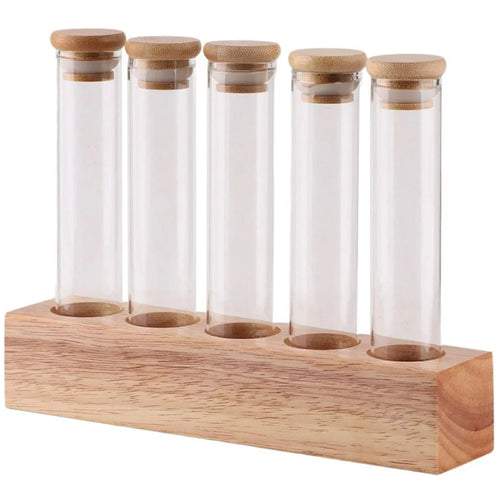 Wooden Base Coffee Bean Display Stand with 5 Clear Glass Tubes for Cafe Bar Counter Storage - 1