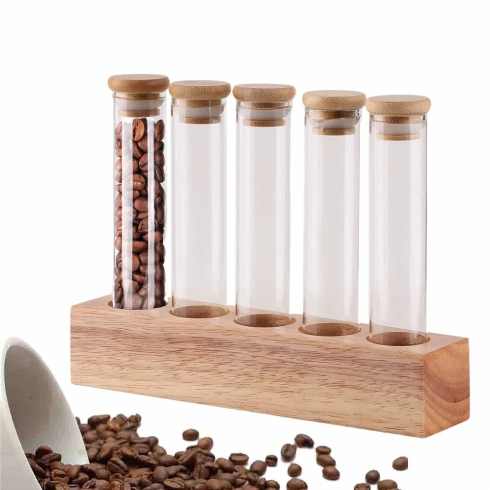 Wooden Base Coffee Bean Display Stand with 5 Clear Glass Tubes for Cafe Bar Counter Storage - 2