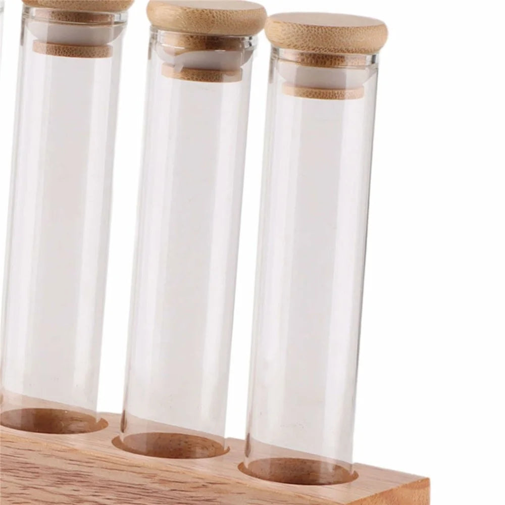 Wooden Base Coffee Bean Display Stand with 5 Clear Glass Tubes for Cafe Bar Counter Storage - 3