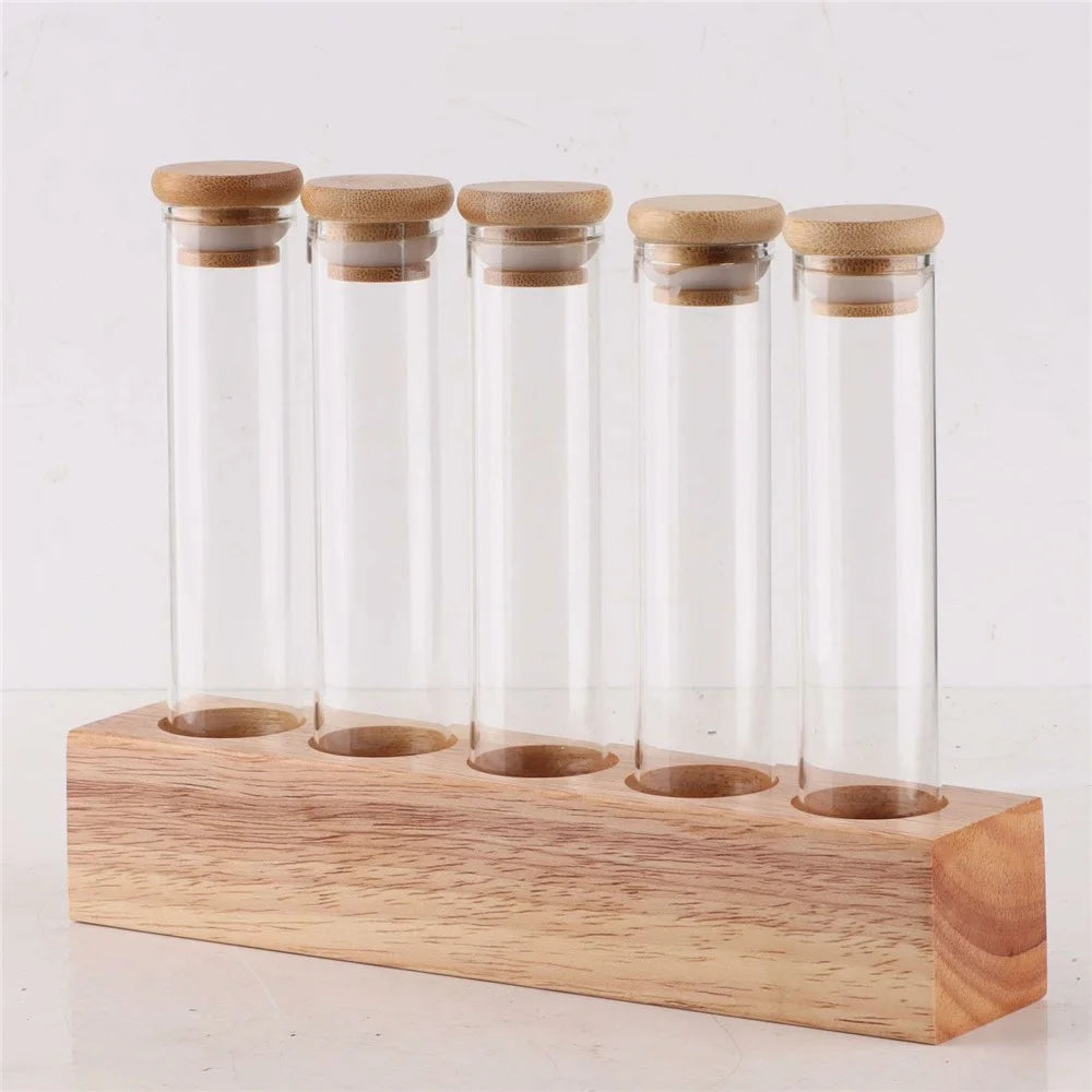 Wooden Base Coffee Bean Display Stand with 5 Clear Glass Tubes for Cafe Bar Counter Storage - 4