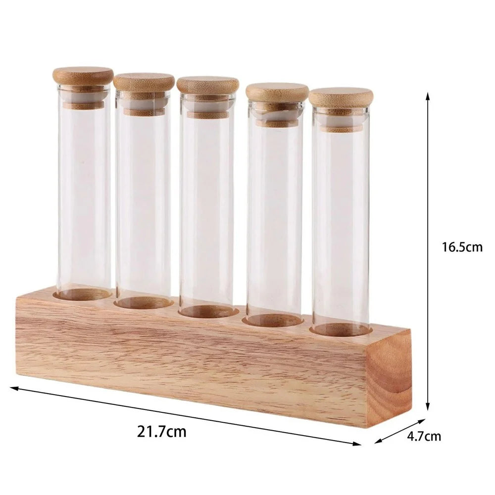 Wooden Base Coffee Bean Display Stand with 5 Clear Glass Tubes for Cafe Bar Counter Storage - 5
