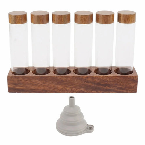 Wooden Base Coffee Bean Display Stand with 6 Clear Glass Tubes and Funnel for Cafe Bar Counter Storage - Walnut - 1
