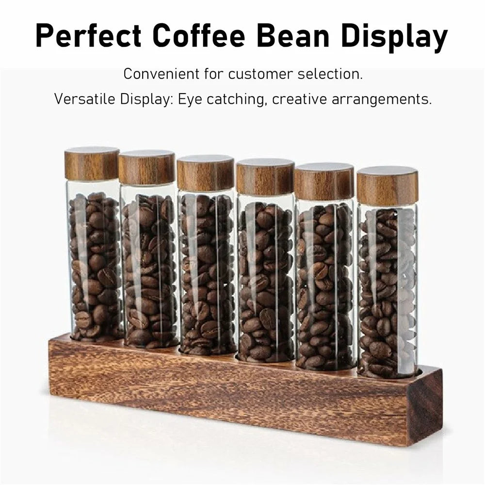 Wooden Base Coffee Bean Display Stand with 6 Clear Glass Tubes and Funnel for Cafe Bar Counter Storage - Walnut - 2