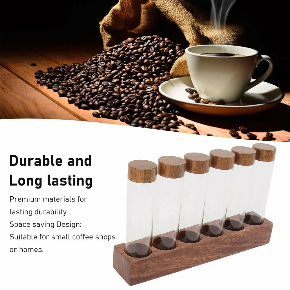 Wooden Base Coffee Bean Display Stand with 6 Clear Glass Tubes and Funnel for Cafe Bar Counter Storage - Walnut - 3