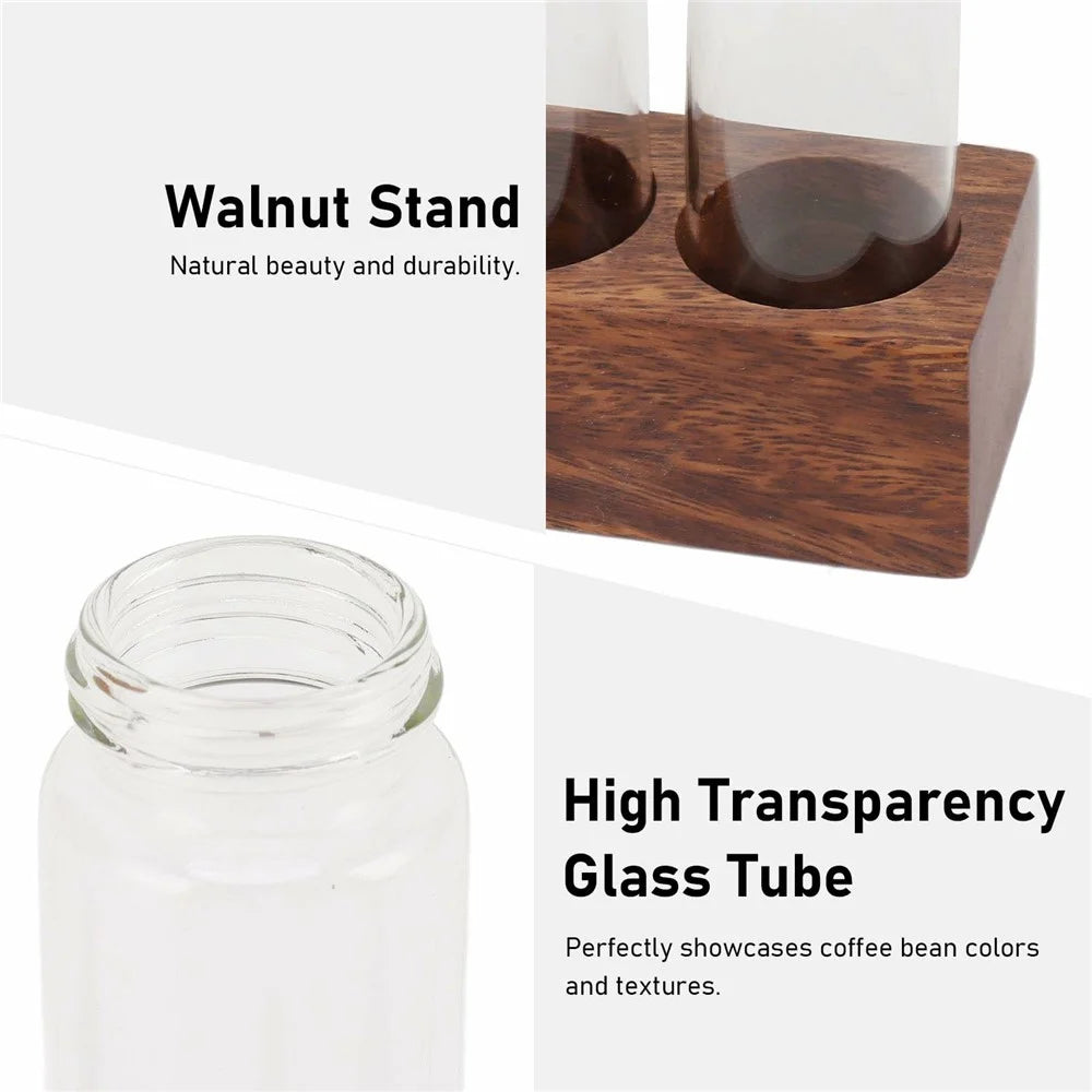 Wooden Base Coffee Bean Display Stand with 6 Clear Glass Tubes and Funnel for Cafe Bar Counter Storage - Walnut - 4