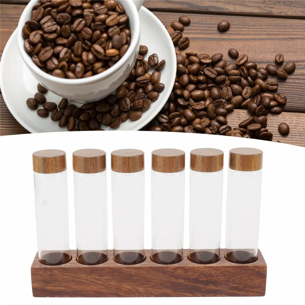 Wooden Base Coffee Bean Display Stand with 6 Clear Glass Tubes and Funnel for Cafe Bar Counter Storage - Walnut - 5