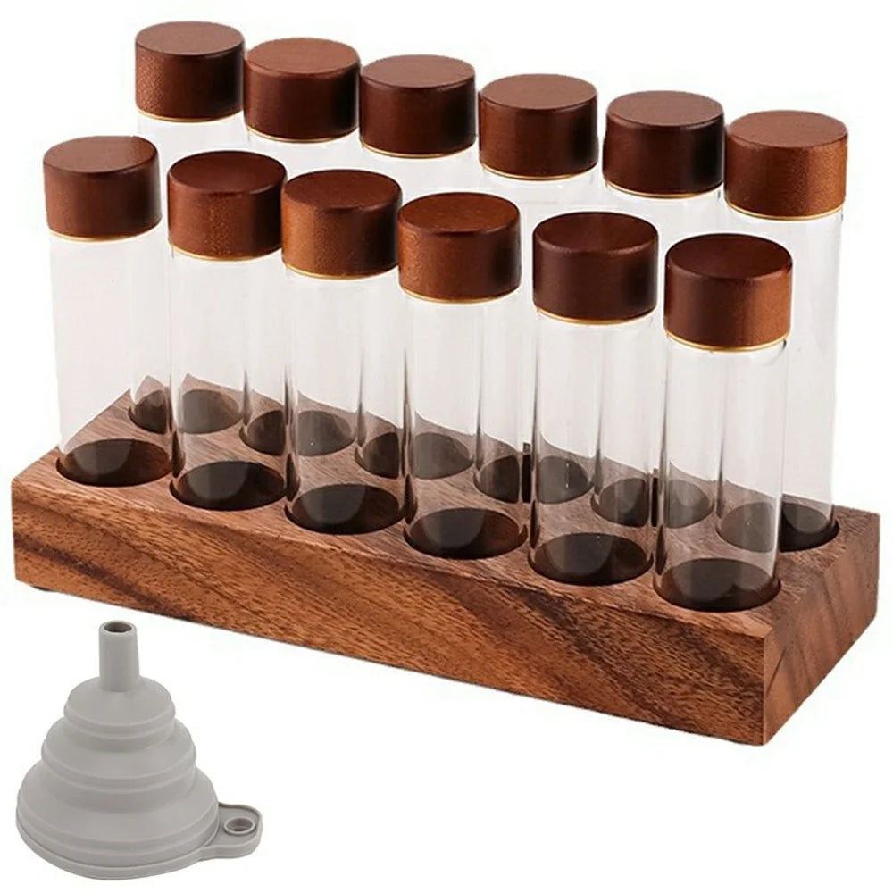 Wooden Base Coffee Bean Display Stand with 12 Clear Glass Tubes and Funnel for Cafe Bar Counter Storage - Walnut - 1