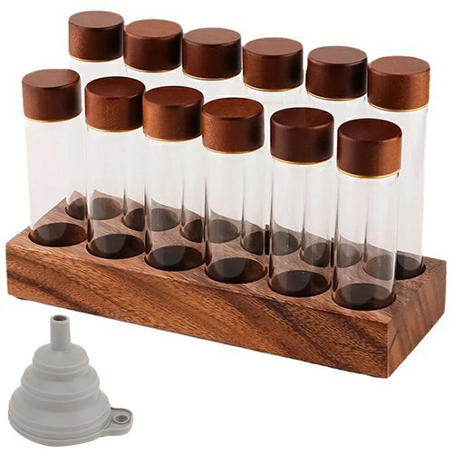 Wooden Base Coffee Bean Display Stand with 12 Clear Glass Tubes and Funnel for Cafe Bar Counter Storage - Walnut - 1