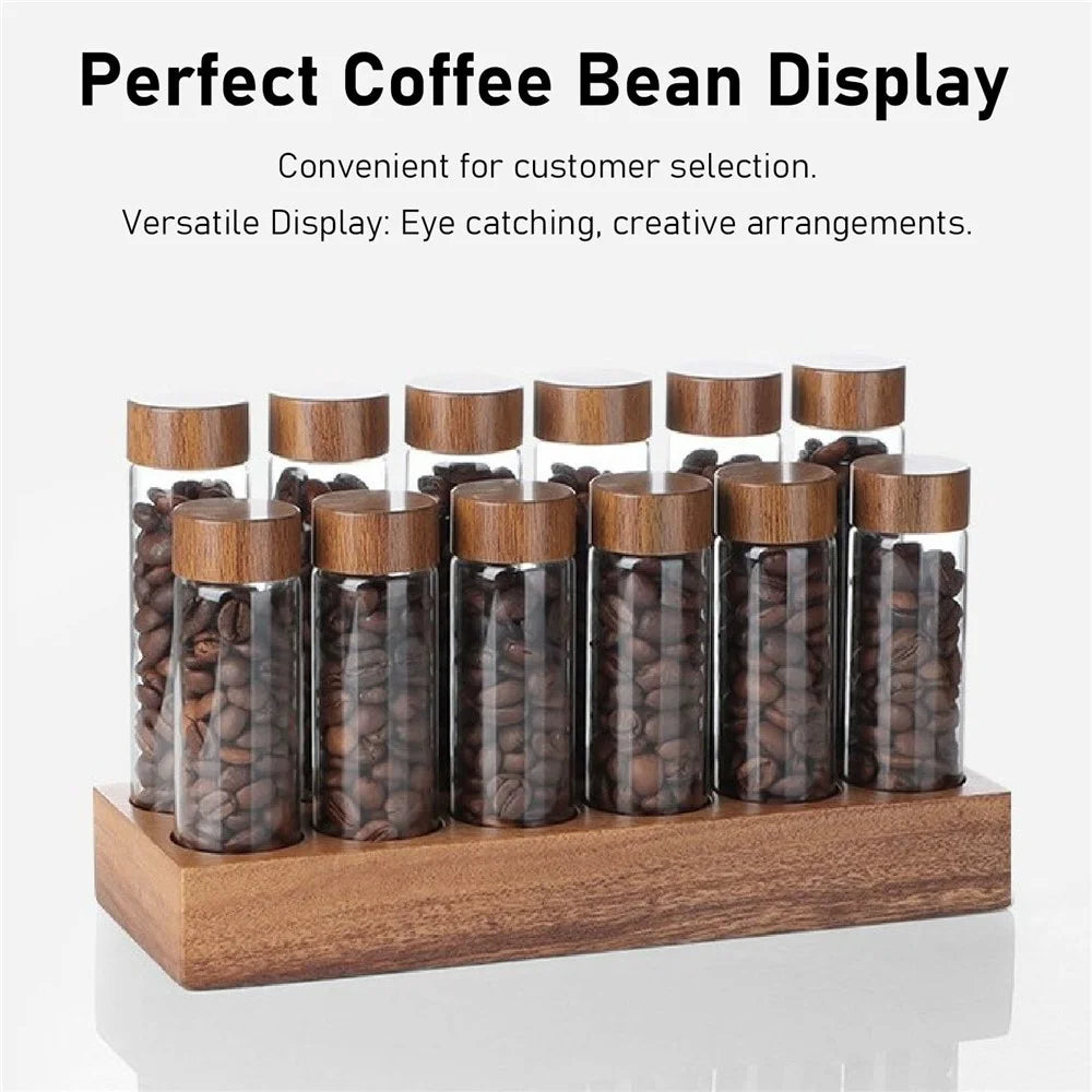 Wooden Base Coffee Bean Display Stand with 12 Clear Glass Tubes and Funnel for Cafe Bar Counter Storage - Walnut - 2