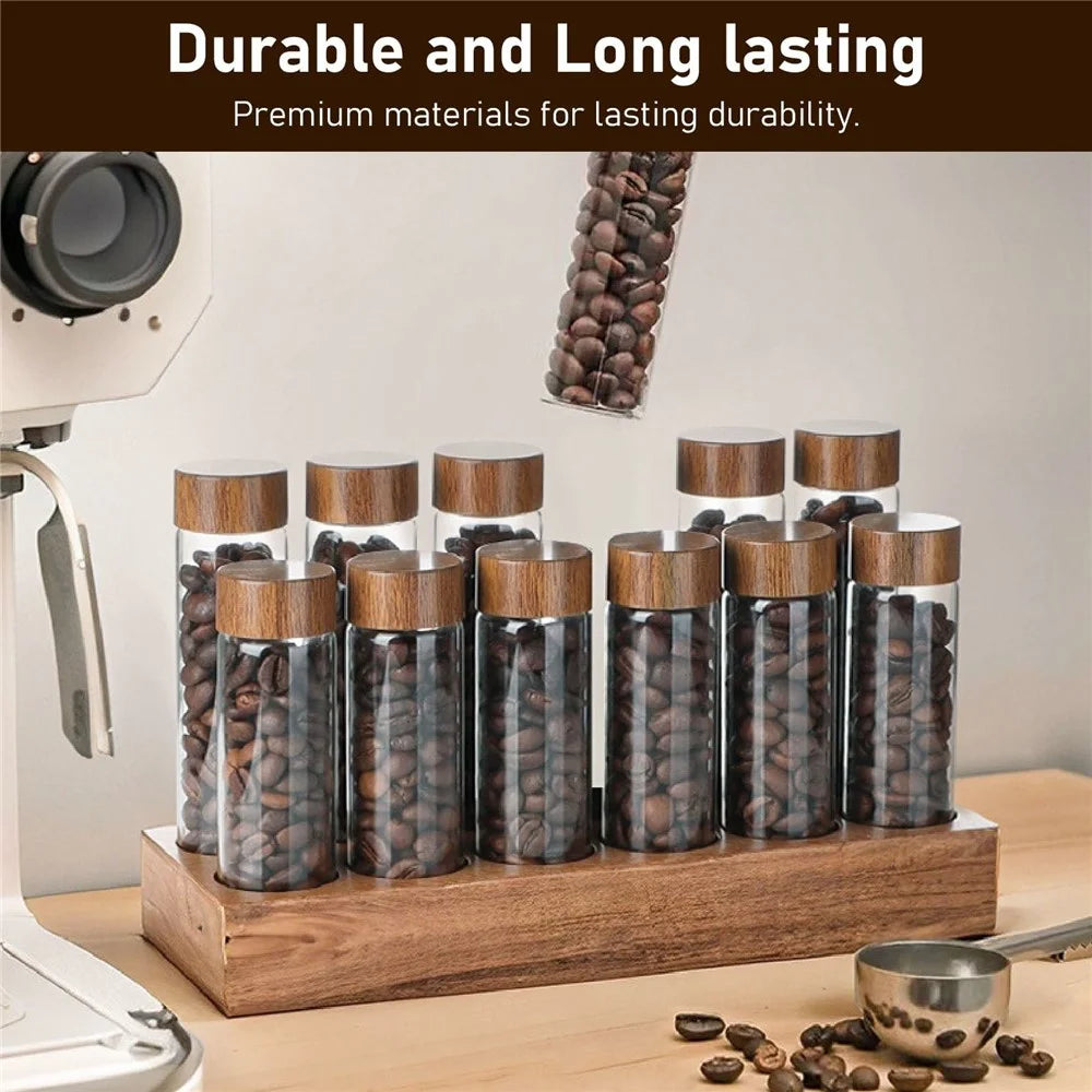 Wooden Base Coffee Bean Display Stand with 12 Clear Glass Tubes and Funnel for Cafe Bar Counter Storage - Walnut - 3