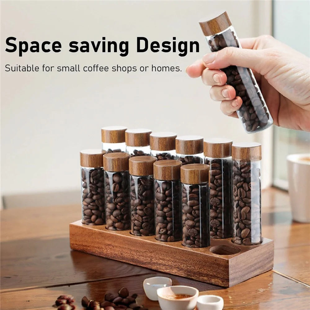 Wooden Base Coffee Bean Display Stand with 12 Clear Glass Tubes and Funnel for Cafe Bar Counter Storage - Walnut - 4