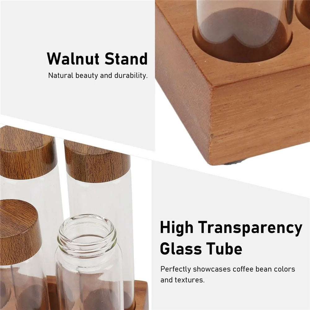 Wooden Base Coffee Bean Display Stand with 12 Clear Glass Tubes and Funnel for Cafe Bar Counter Storage - Walnut - 5