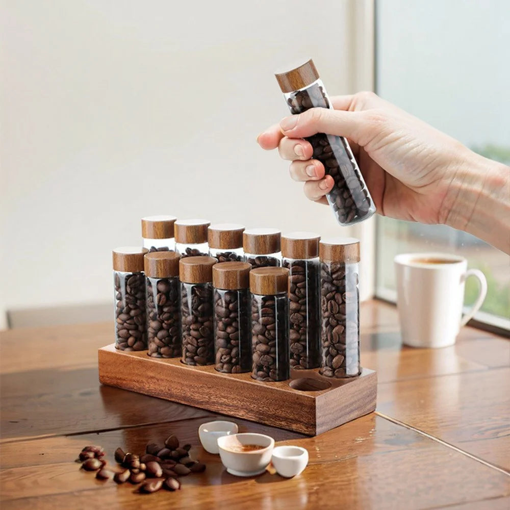 Wooden Base Coffee Bean Display Stand with 12 Clear Glass Tubes and Funnel for Cafe Bar Counter Storage - Walnut - 6
