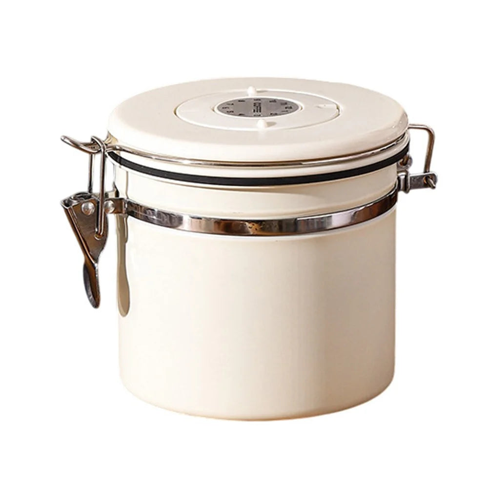 304 Stainless Steel Coffee Canister 1.2L Food Storage Container with Date Tracker, Scoop for Coffee, Beans - White - 1