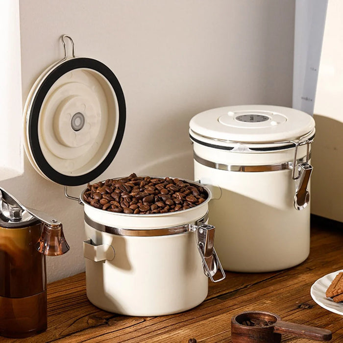 304 Stainless Steel Coffee Canister 1.2L Food Storage Container with Date Tracker, Scoop for Coffee, Beans - White - 2