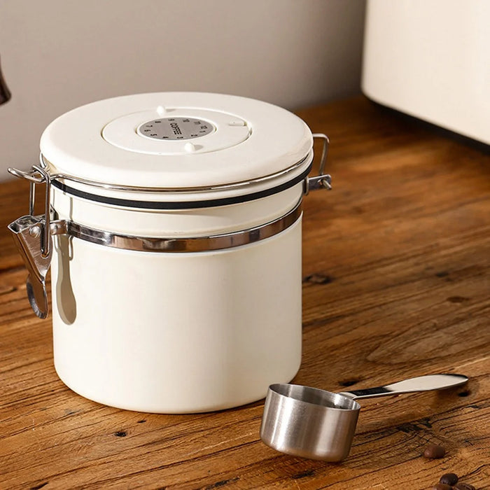 304 Stainless Steel Coffee Canister 1.2L Food Storage Container with Date Tracker, Scoop for Coffee, Beans - White - 5