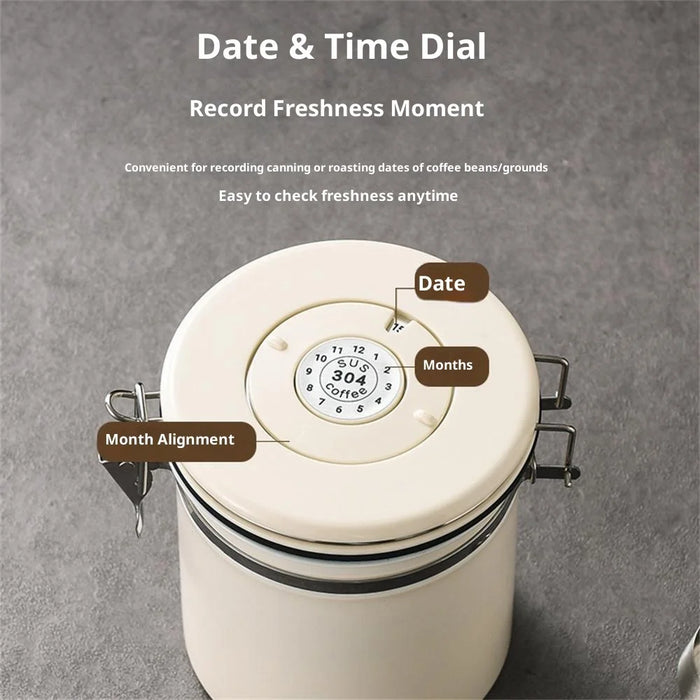 304 Stainless Steel Coffee Canister 1.2L Food Storage Container with Date Tracker, Scoop for Coffee, Beans - White - 6