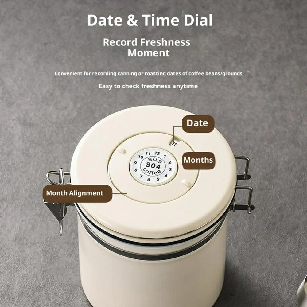 304 Stainless Steel Coffee Canister 1.8L Food Storage Container with Date Tracker, Scoop for Coffee, Beans - White - 2