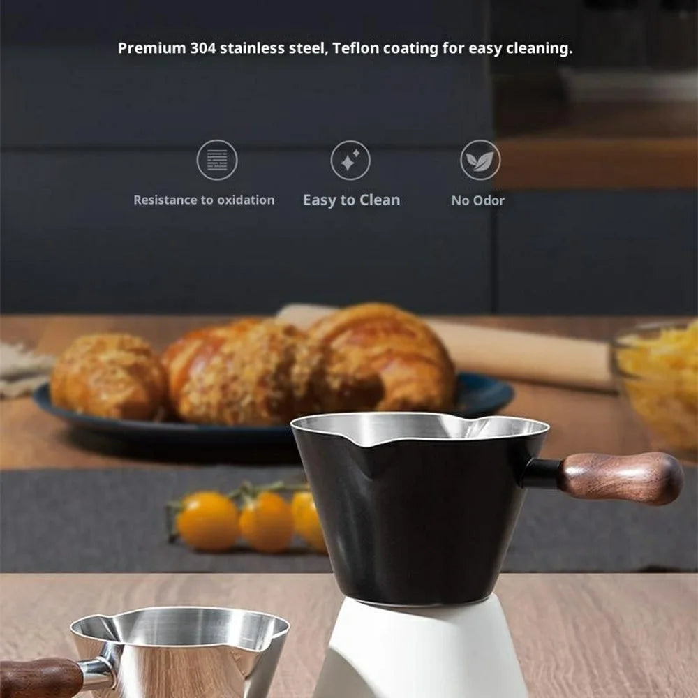 Walnut Handle Espresso Shot Glass 100ML Stainless Steel Measuring Cup With Spout And Scale For Barista - Black - 2