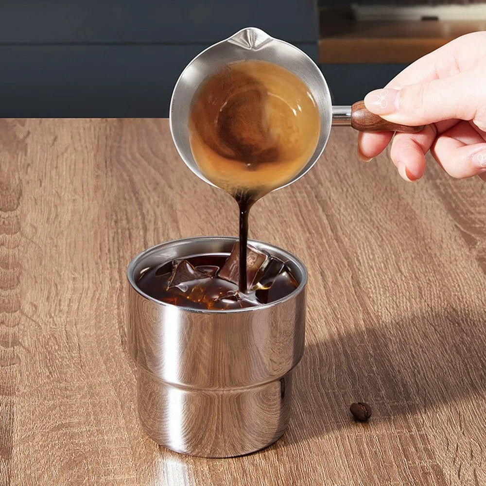 Walnut Handle Espresso Shot Glass 100ML Stainless Steel Measuring Cup With Spout And Scale For Barista - Black - 3