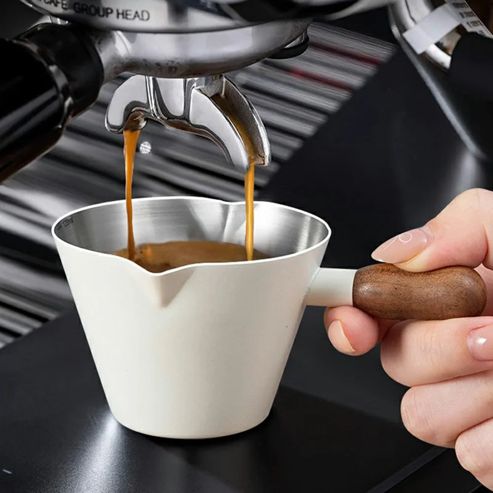 Walnut Handle Espresso Shot Glass 100ML Stainless Steel Measuring Cup With Spout And Scale For Barista - Black - 4