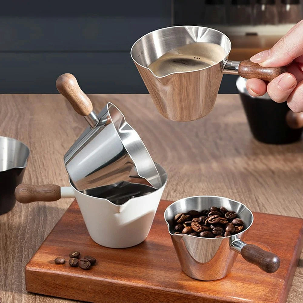 Walnut Handle Espresso Shot Glass 100ML Stainless Steel Measuring Cup With Spout And Scale For Barista - Black - 5