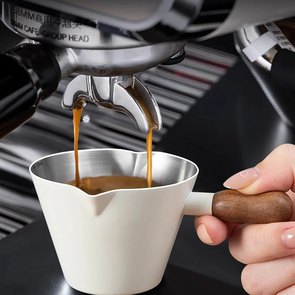 Walnut Handle Espresso Shot Glass 120ML Stainless Steel Measuring Cup With Spout And Scale For Barista - Beige - 2