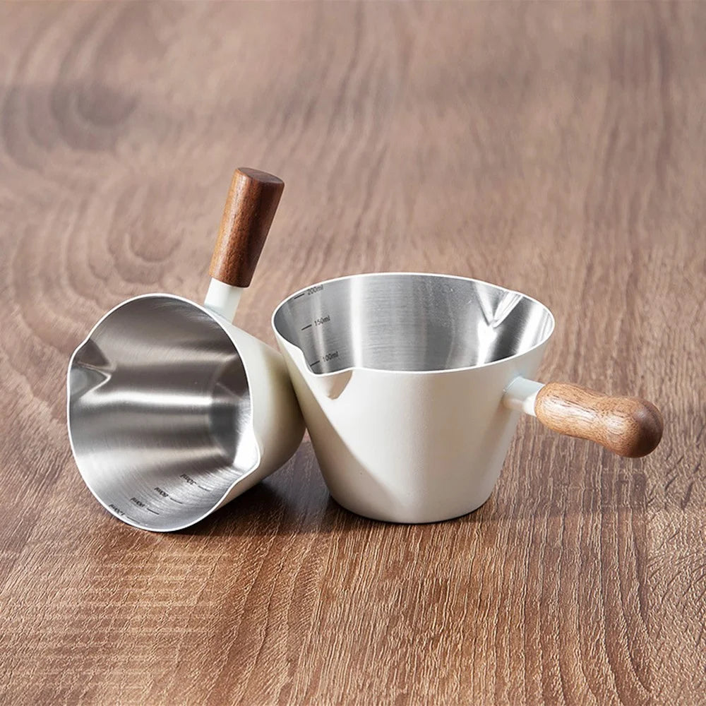 Walnut Handle Espresso Shot Glass 120ML Stainless Steel Measuring Cup With Spout And Scale For Barista - Beige - 3