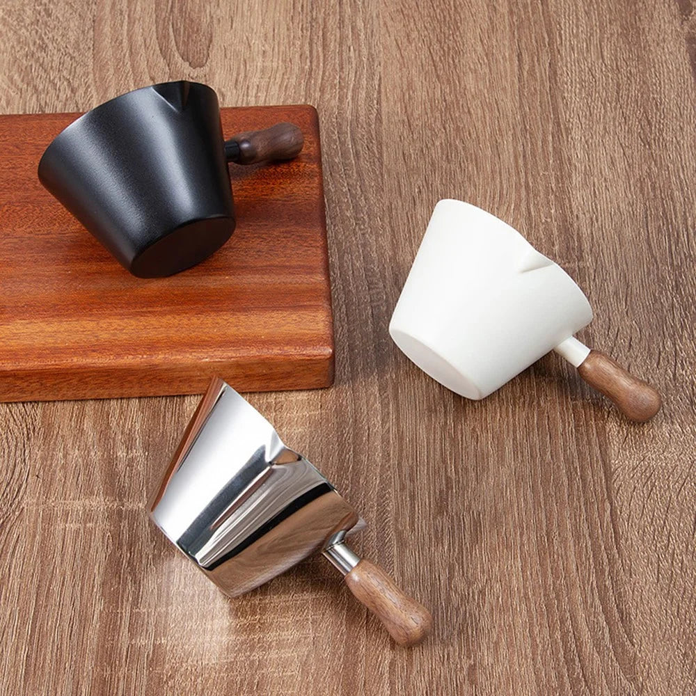 Walnut Handle Espresso Shot Glass 120ML Stainless Steel Measuring Cup With Spout And Scale For Barista - Beige - 4